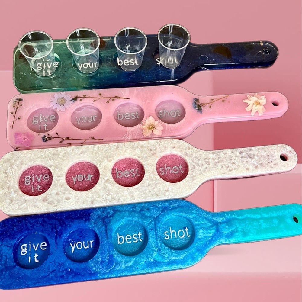 Shot Paddle Handmade Pink or 2-Tone Blue with Plastic Disposable Shot Glasses.